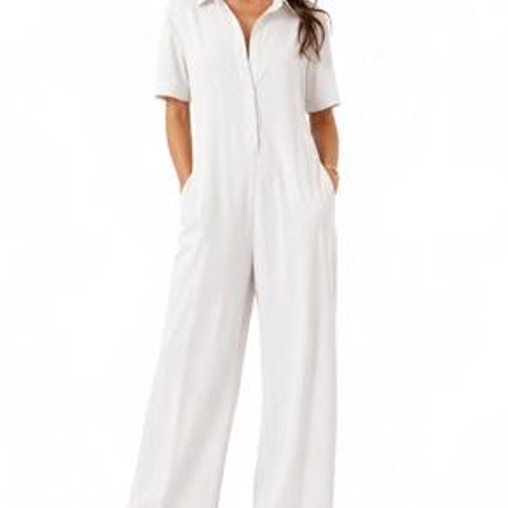 UOOZEE Women's Loose Short Sleeve Buttoned Solid Color Lapel Jumpsuit Romper